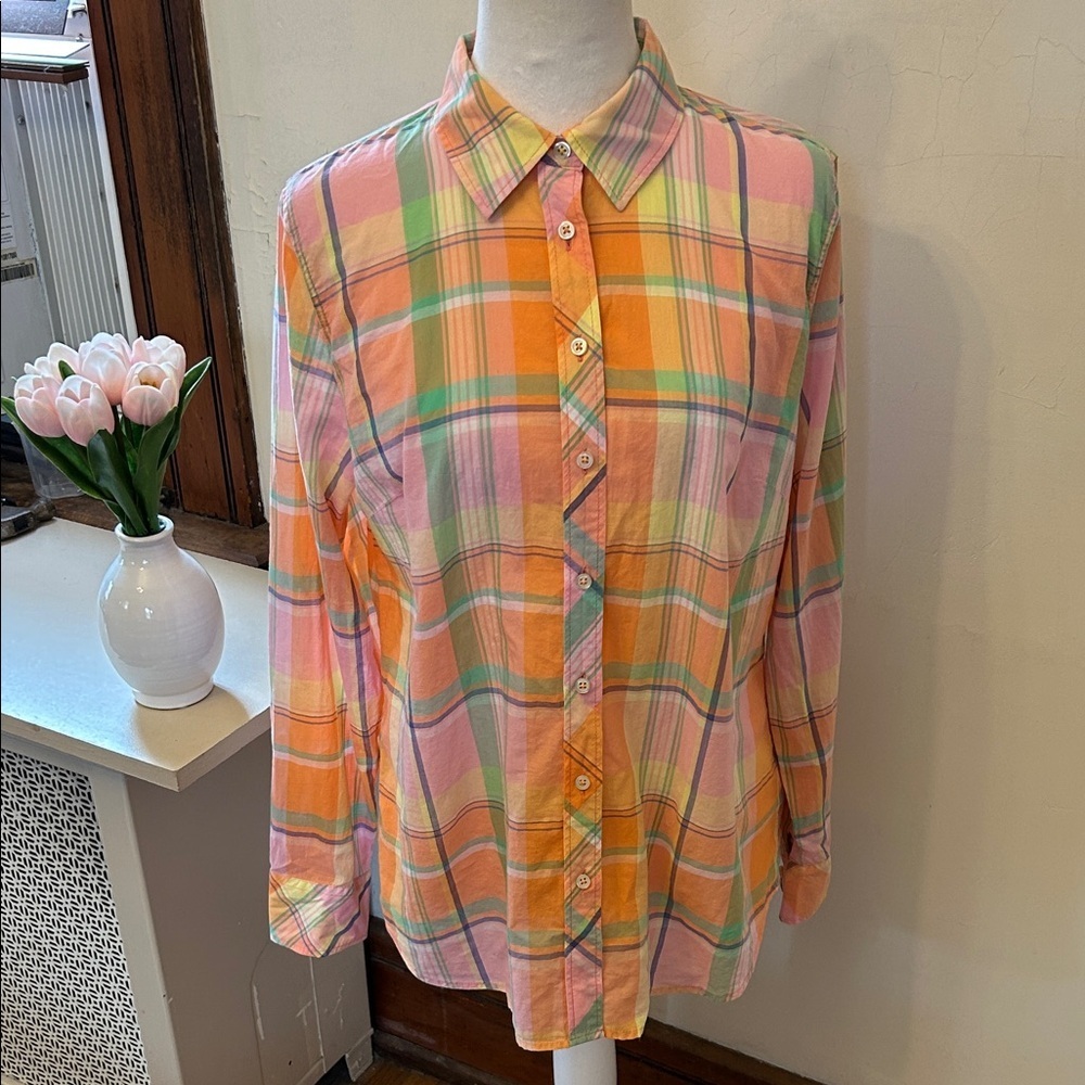 Talbots Pastel Plaid Button-Up Shirt in Pink & Orange Size M EUC